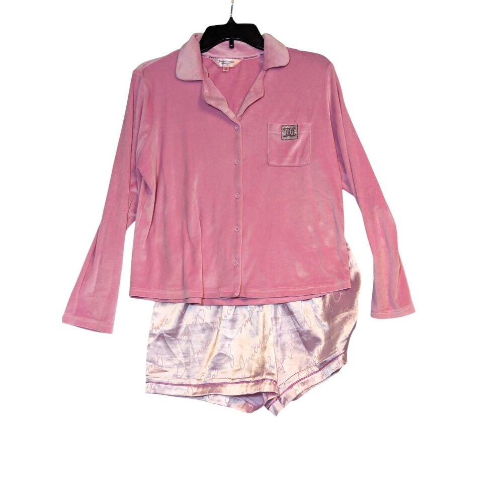 Juicy Couture Pink Velour Pajama Set W/ Satin Shorts & Rhinestone Logo Womens M